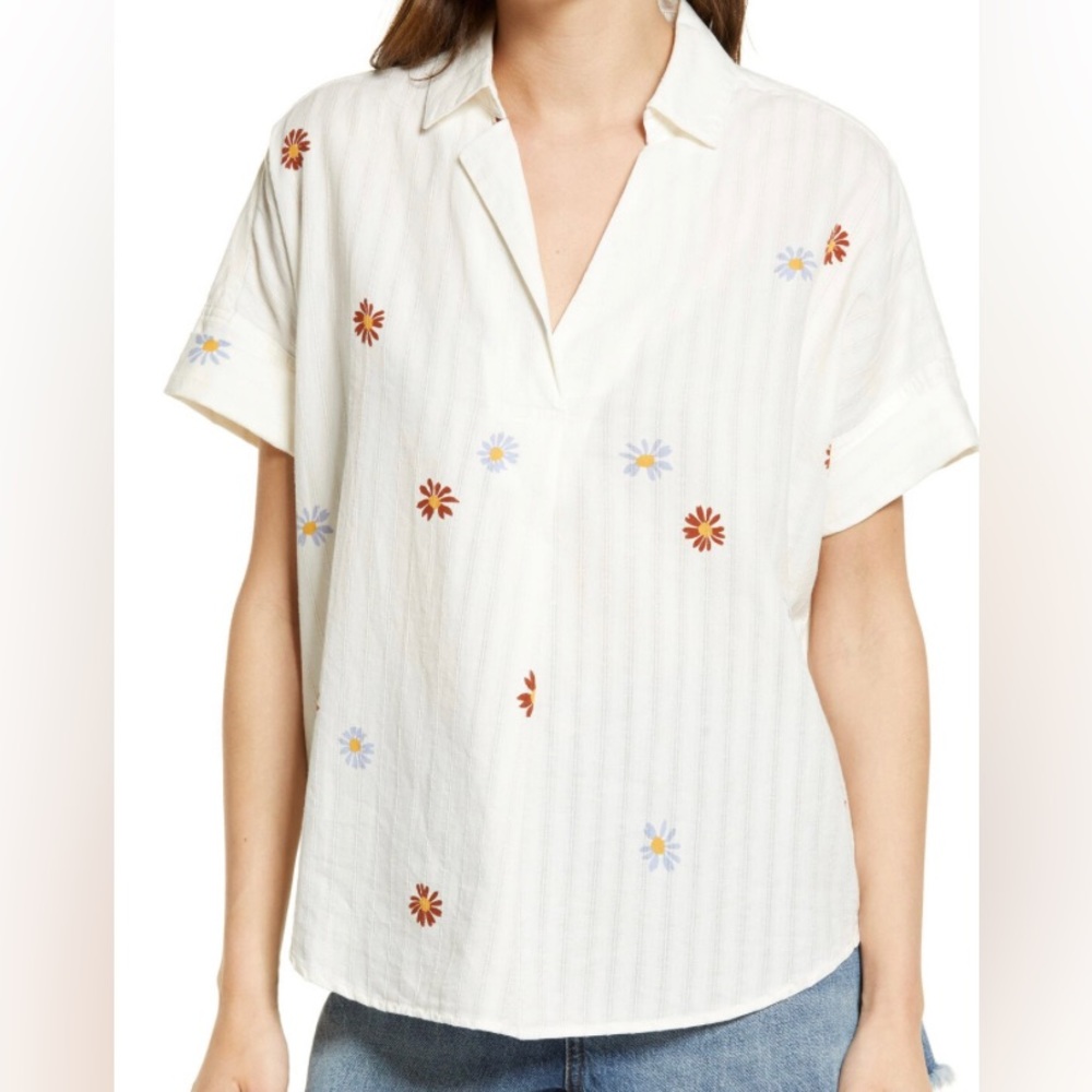 Women's Cream Floral Embroidered Short-Sleeve Shirt
